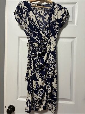 Maggie London Odette Navy and Cream Floral Wrap Dress